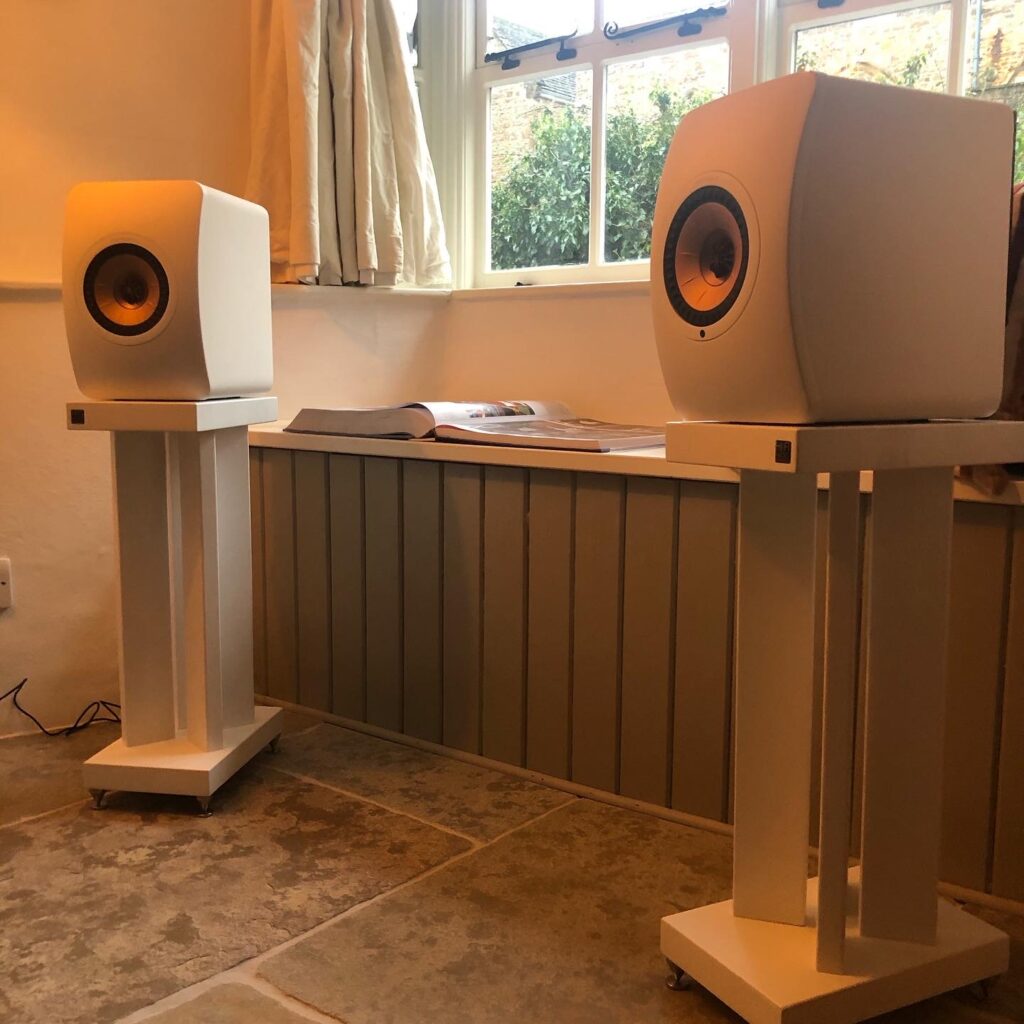 KEF’s LS50 Wireless II on Hi-Fi Racks’ X50 Large stands finished in white satin