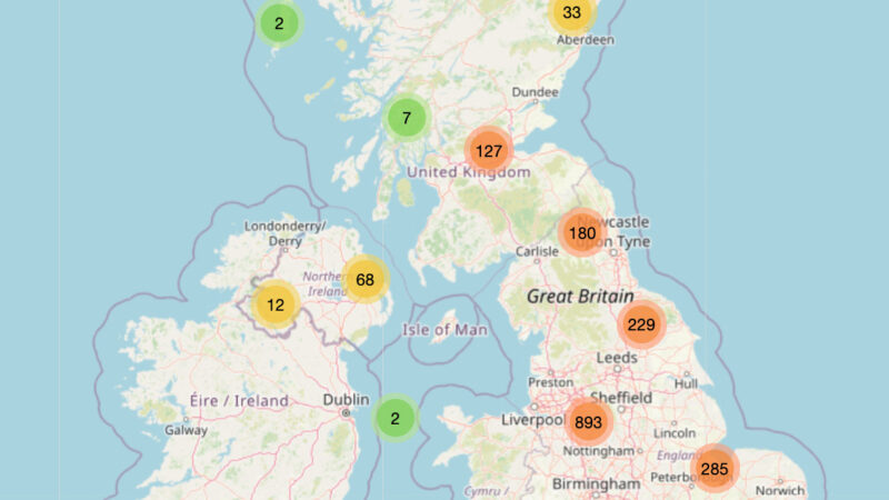 Map of UK showing clustered pins