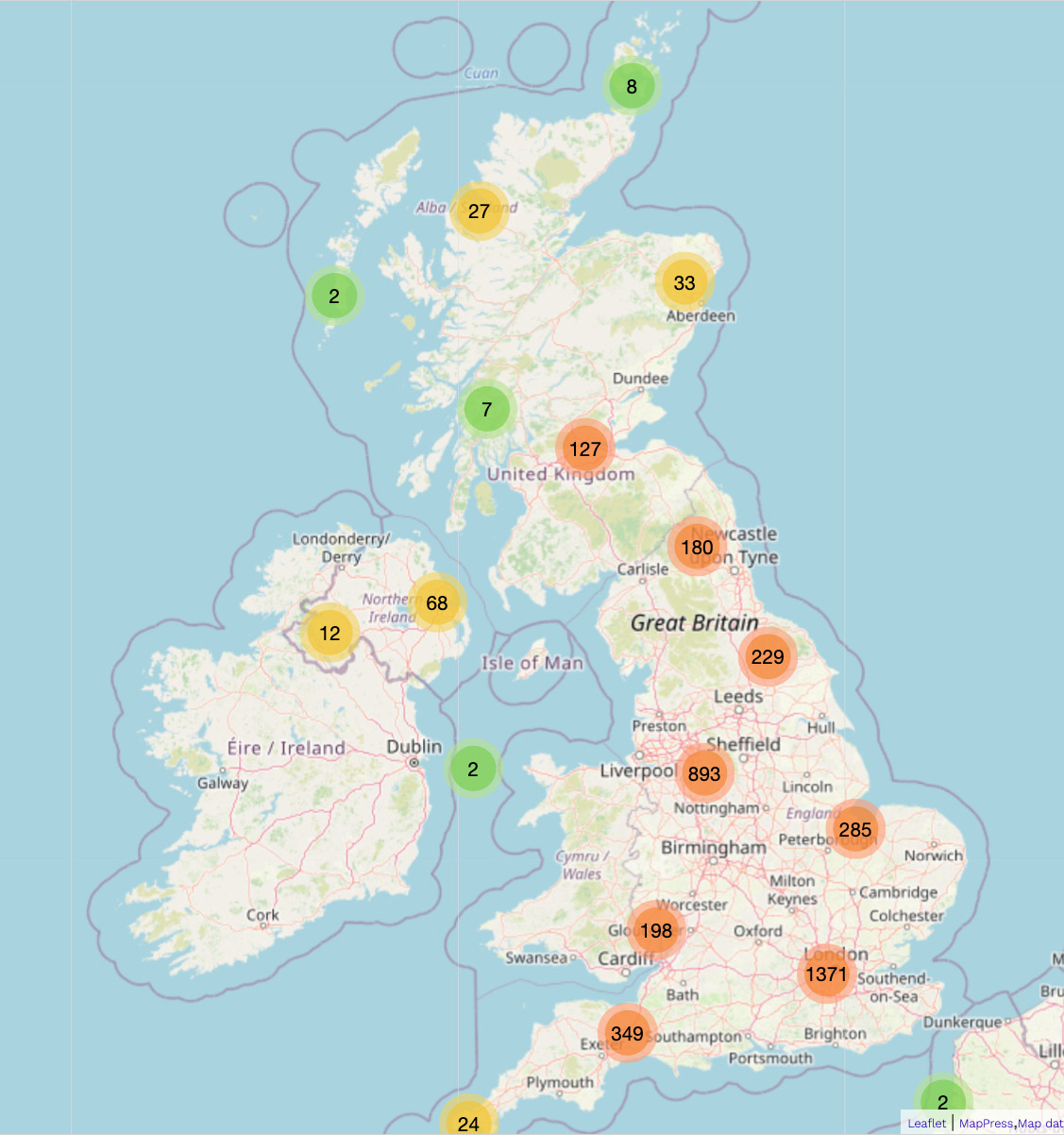 Map of UK showing clustered pins