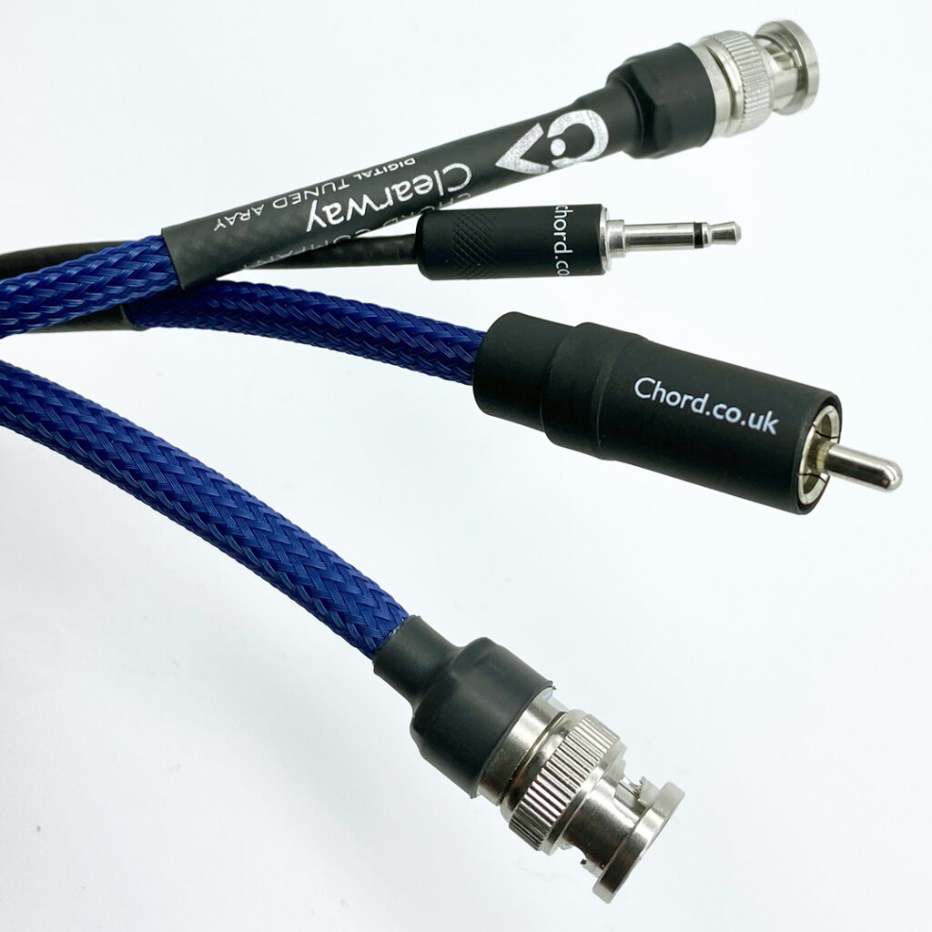 Chord cables in blue sleeves