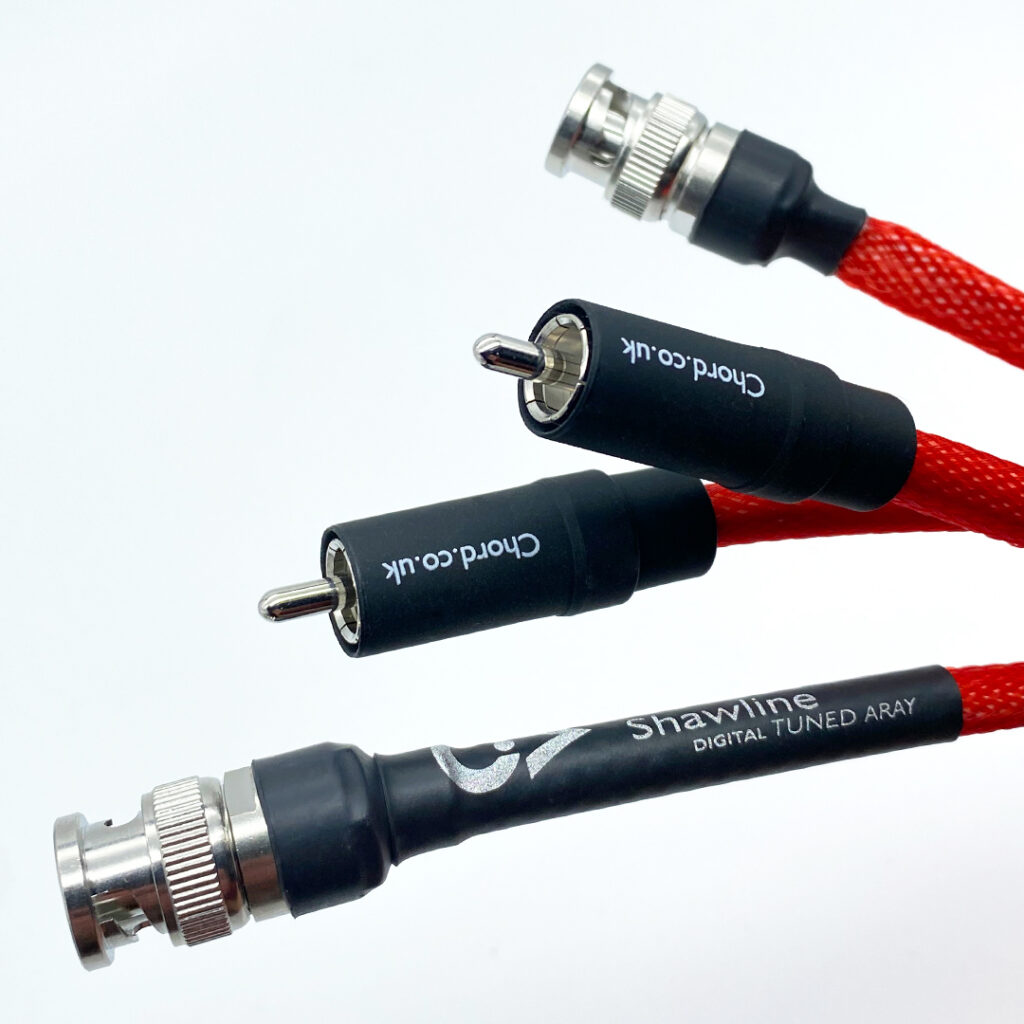 Chord cables in red sleeves